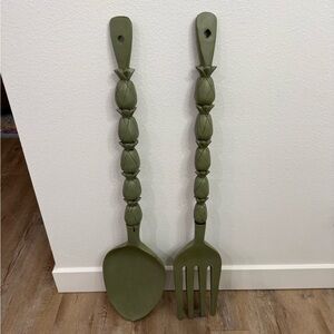 Vintage Carved Wooden MCM Giant Spoon & Fork Wall Decor 42” Long Boho